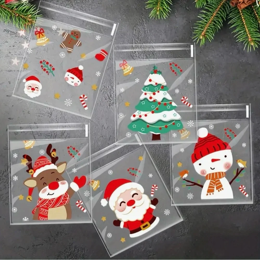 Christmas Self-Adhesive Transparent Plastic Gift Bags 25 ct w/ 5 Designs-NIP